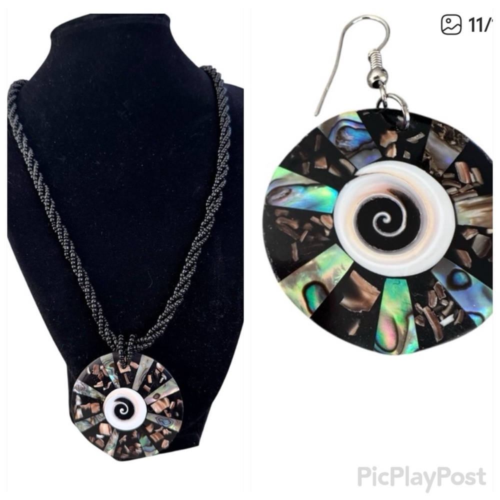 Black and Iridescent Shell Pendant and matching earrings festival‎ renaissance